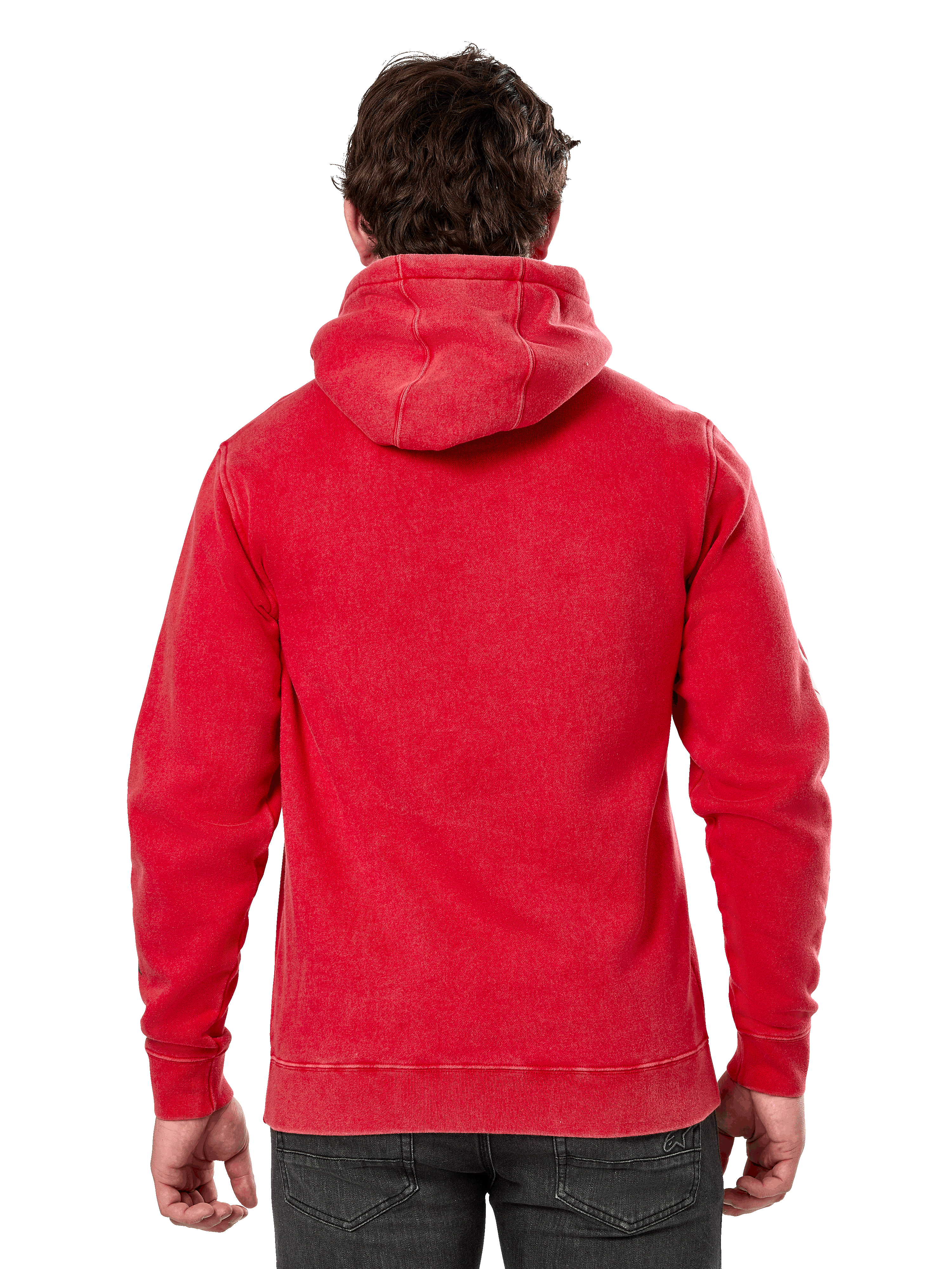 Sudadera con capucha Unbound de Alpinestars, vista trasera de sudadera de forro polar roja teñida en prenda, estilo urbano casual, con puños y dobladillo de canalé, capucha con forro propio, combinada con pantalones oscuros