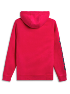 Alpinestars Unbound Sudadera Con Capucha, sudadera deportiva de forro polar roja, vista trasera que muestra la capucha con forro propio y la marca en la manga