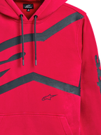 Sudadera con capucha Alpinestars Unbound, roja, primer plano del pecho frontal y la manga con grandes logotipos gráficos en gris oscuro, capucha con cordón, bolsillo canguro, ropa urbana informal inspirada en el automovilismo