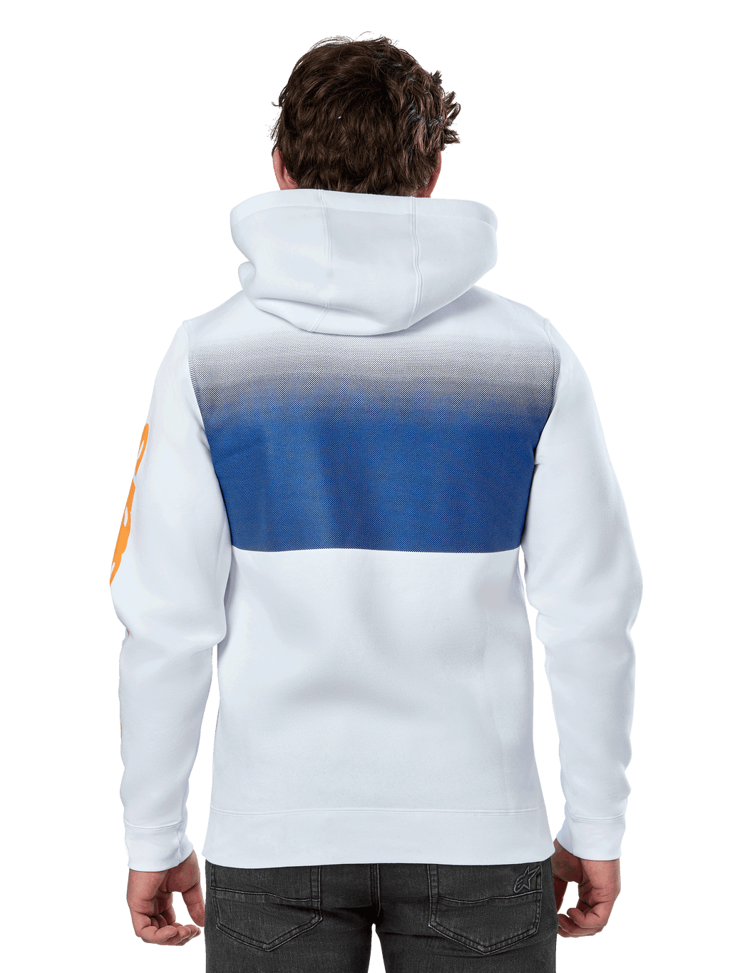 Alpinestars Specter Hoodie, blanca, sudadera urbana casual con un estampado degradado en azul en la espalda, logotipo naranja en la manga, vista posterior