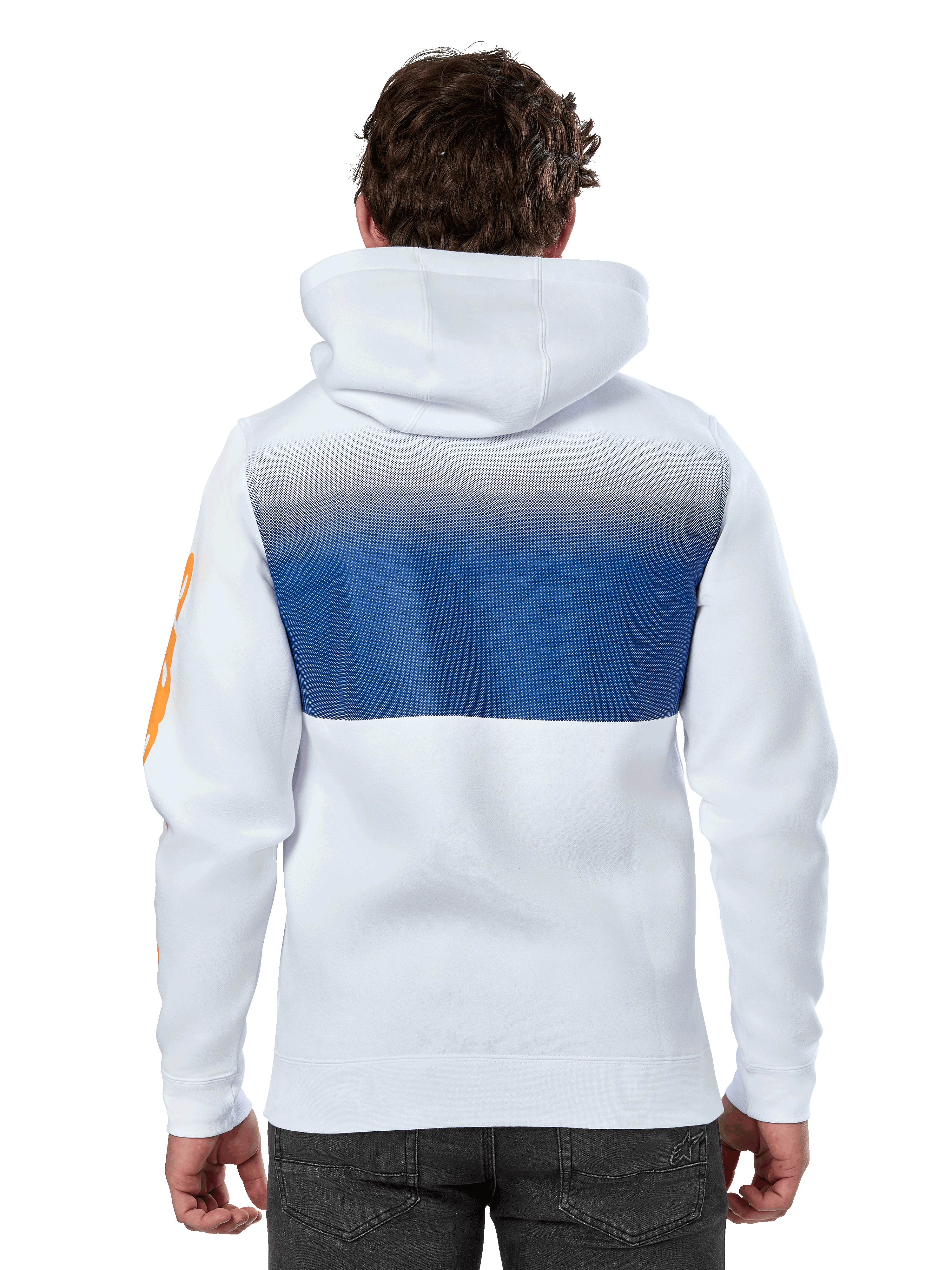 Alpinestars Specter Hoodie, blanca, sudadera urbana casual con un estampado degradado en azul en la espalda, logotipo naranja en la manga, vista posterior