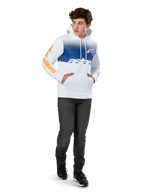 Sudadera con capucha Alpinestars Specter, forro polar blanco con estampado degradado azul, logotipo frontal HD naranja y marcas en las mangas, con bolsillo canguro y capucha con cordón, combinada con vaqueros oscuros para un look casual inspirado en el motociclismo.