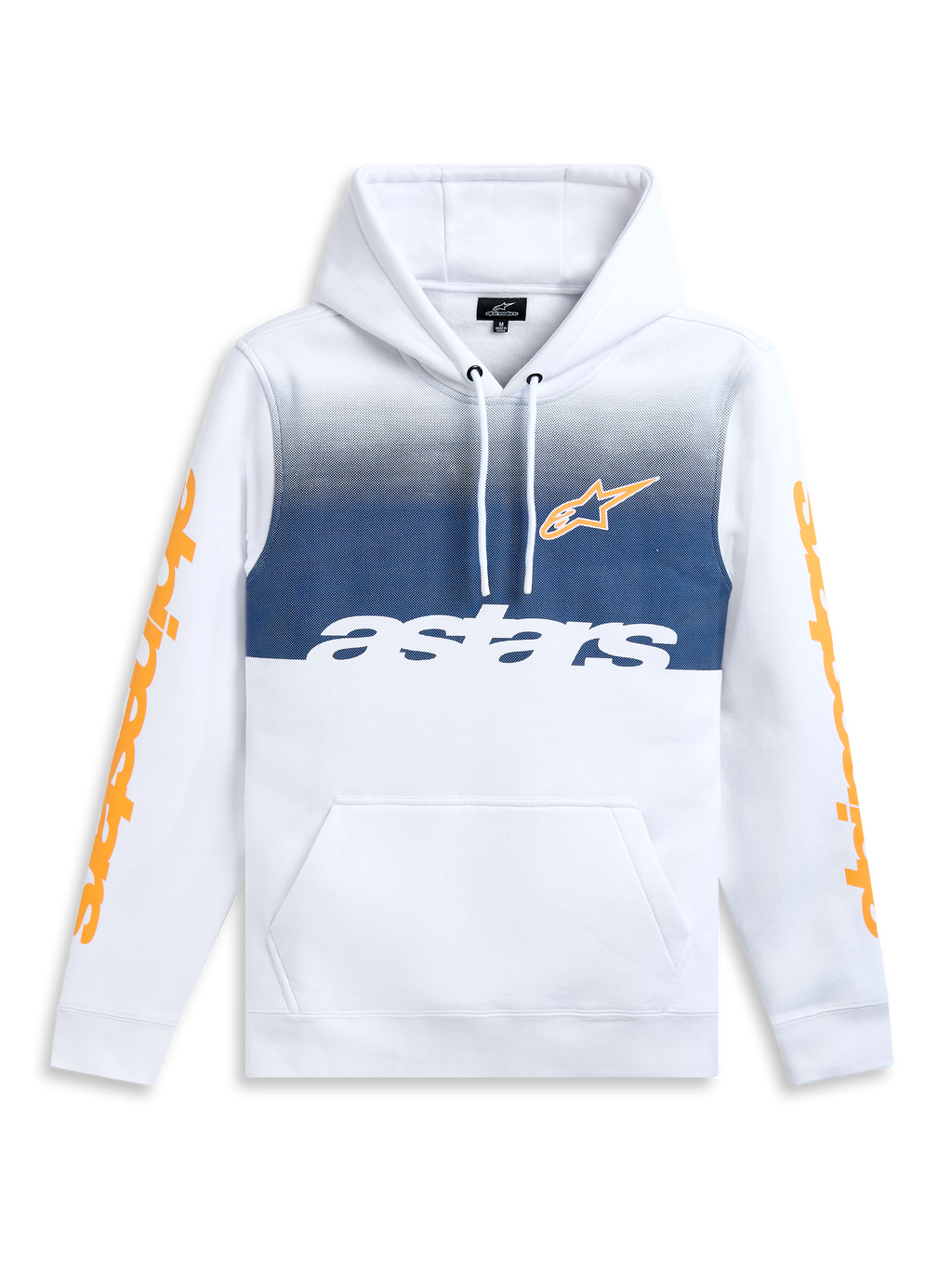 Alpinestars Specter Hoodie, white sportswear fleece pullover with gradation fade print, kangaroo pocket, and orange sleeve wordmarks