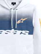 Sudadera con capucha Alpinestars Specter, blanca con un estampado degradado en azul marino, con el logotipo de la estrella de Alpinestars en naranja y marca denominativa en blanco, sudadera casual de forro polar inspirada en el automovilismo con capucha con cordón ajustable