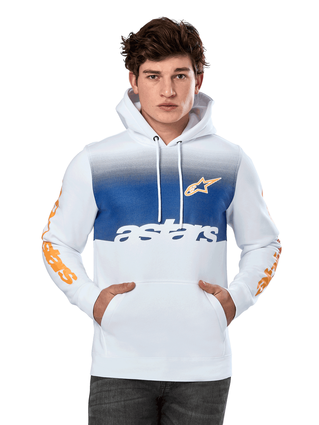 Sudadera con capucha Alpinestars Specter, blanca con panel frontal con degradado azul, logotipo de estrella naranja y marcas en las mangas, texto 'astars' en blanco, bolsillo canguro frontal, capucha con cordón y ropa urbana de estilo motorsport casual