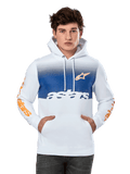 Sudadera con capucha Alpinestars Specter, blanca con panel frontal con degradado azul, logotipo de estrella naranja y marcas en las mangas, texto 'astars' en blanco, bolsillo canguro frontal, capucha con cordón y ropa urbana de estilo motorsport casual
