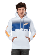 Sudadera con capucha Alpinestars Specter, blanca con panel frontal con degradado azul, logotipo de estrella naranja y marcas en las mangas, texto 'astars' en blanco, bolsillo canguro frontal, capucha con cordón y ropa urbana de estilo motorsport casual