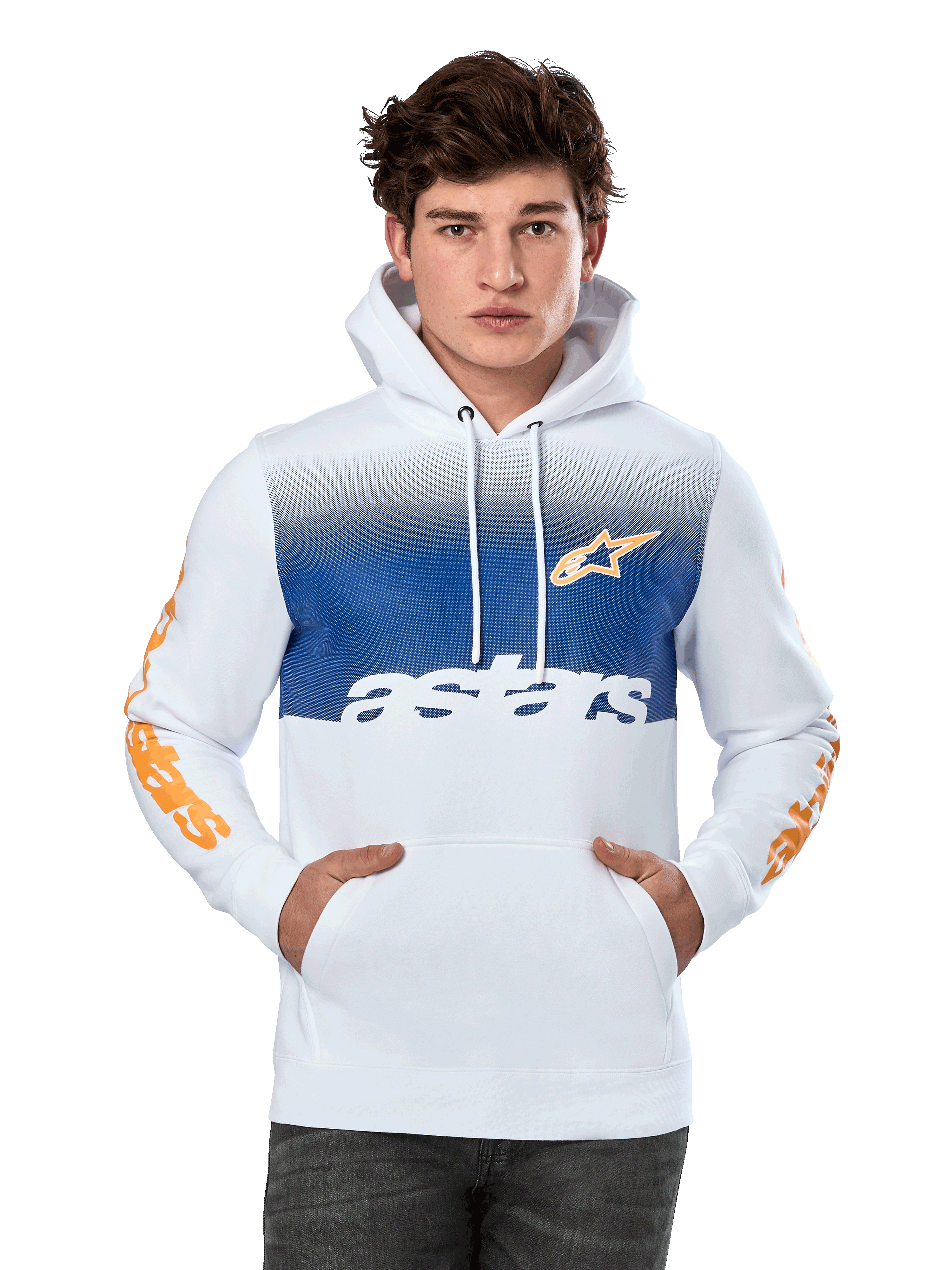 Sudadera con capucha Alpinestars Specter, blanca con panel frontal con degradado azul, logotipo de estrella naranja y marcas en las mangas, texto 'astars' en blanco, bolsillo canguro frontal, capucha con cordón y ropa urbana de estilo motorsport casual