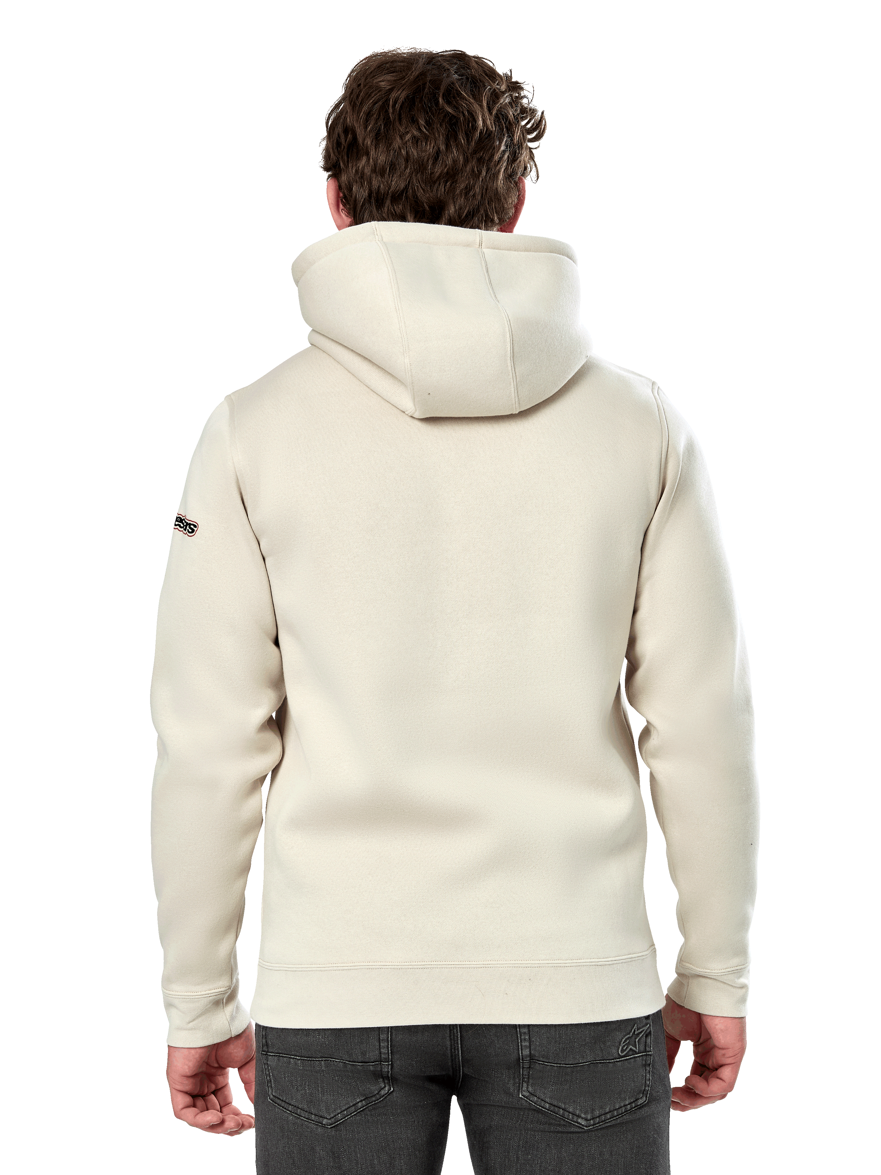 Sudadera Alpinestars Insignia Hoodie, vista trasera de un hombre con una sudadera de forro polar informal, color Off White, con capucha forrada y puños de canalé, ropa urbana inspirada en el automovilismo