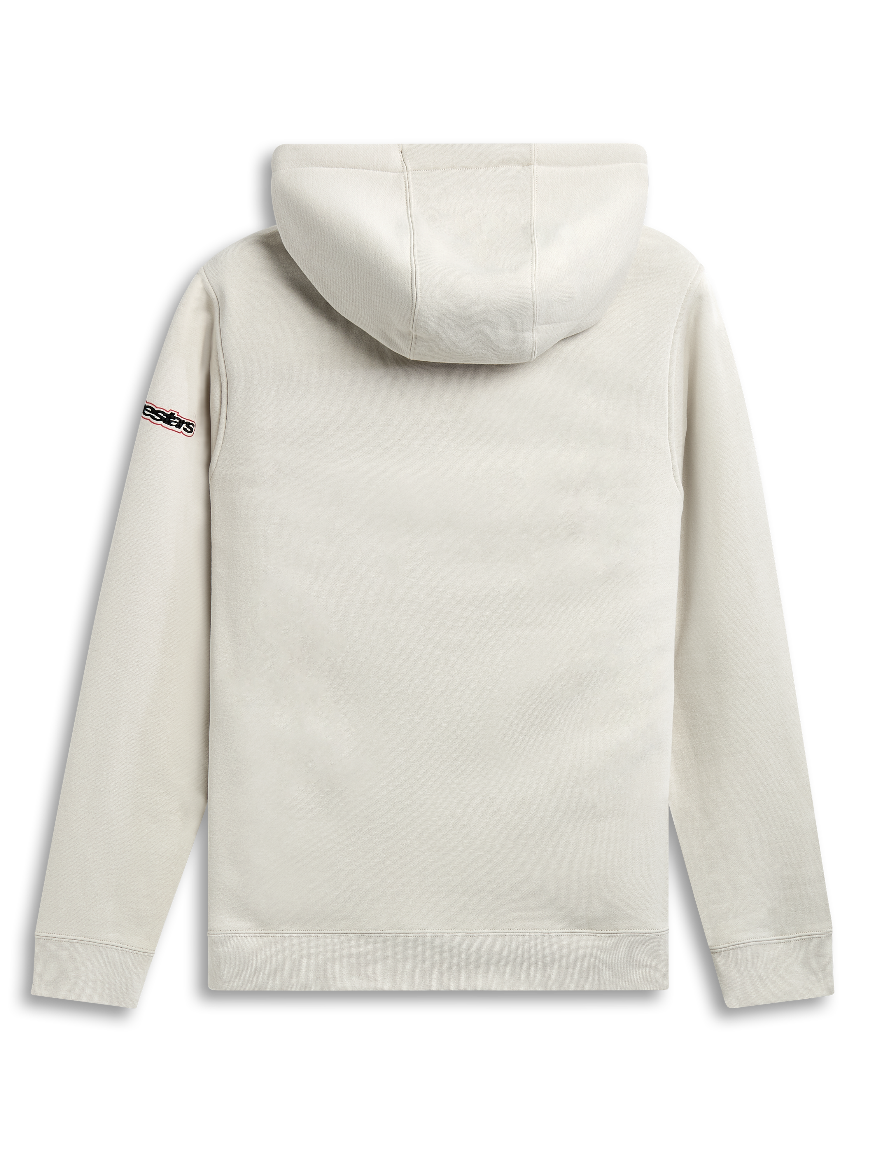Alpinestars Sudadera Con Capucha Insignia, sudadera deportiva de forro polar en color blanco roto, vista trasera con capucha forrada y detalle de logotipo en la manga