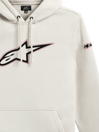 Alpinestars Insignia Hoodie, sudadera informal de forro polar en color blanco roto, logotipo Astars grande en el pecho con contorno rojo, logotipo en la manga, capucha con cordón, bolsillo tipo canguro y diseño inspirado en el automovilismo
