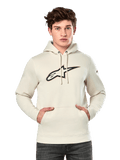 Alpinestars Insignia Hoodie, sudadera de forro polar en color blanco roto, modelo masculino con logotipo de Alpinestars grande con efecto de fibra de carbono y contorno rojo en el pecho, bolsillo tipo canguro, capucha con cordón, ropa de calle casual inspirada en el motor