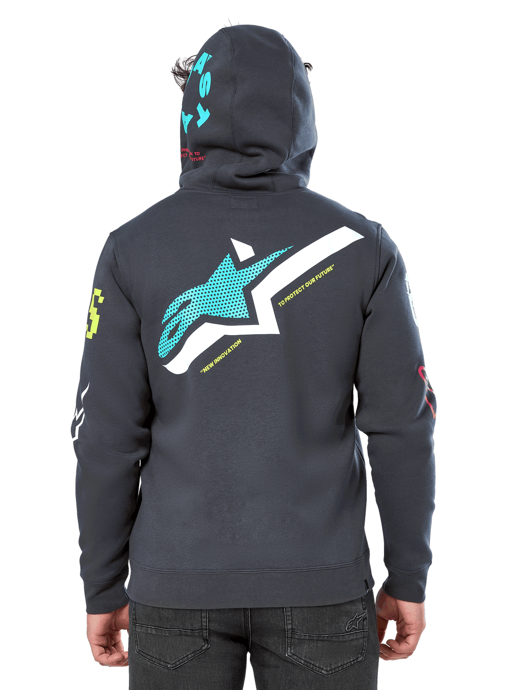Sudadera con capucha Variegate de Alpinestars, vista de espalda, color gris Gunmetal, presenta un gran logotipo de Astars en verde azulado y blanco en la espalda con el texto 'New Innovation', gráfico 'Astars' en la capucha, logotipos coloridos en las mangas, estilo streetwear casual de automovilismo