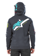 Sudadera con capucha Variegate de Alpinestars, vista de espalda, color gris Gunmetal, presenta un gran logotipo de Astars en verde azulado y blanco en la espalda con el texto 'New Innovation', gráfico 'Astars' en la capucha, logotipos coloridos en las mangas, estilo streetwear casual de automovilismo
