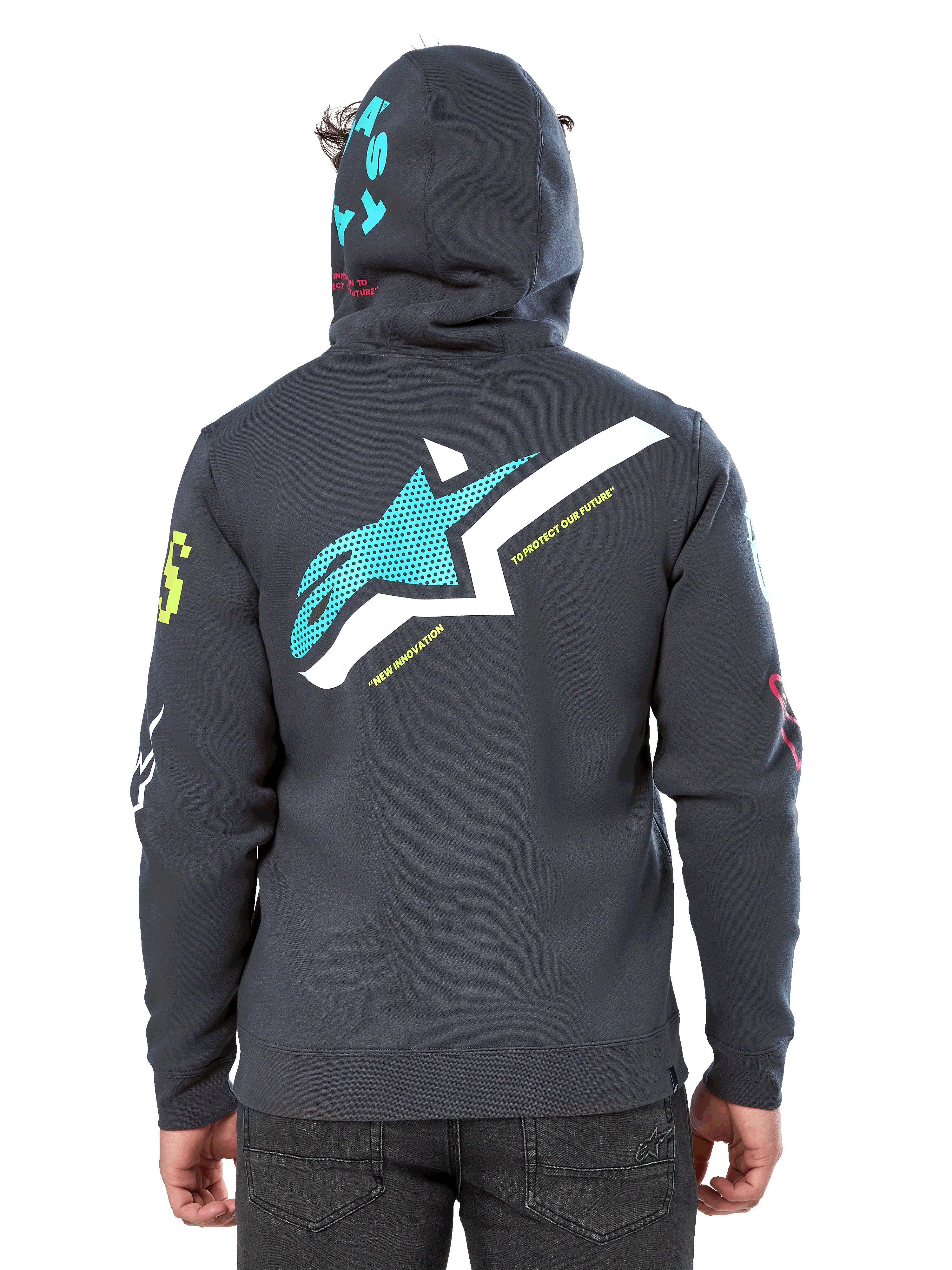 Sudadera con capucha Variegate de Alpinestars, vista de espalda, color gris Gunmetal, presenta un gran logotipo de Astars en verde azulado y blanco en la espalda con el texto 'New Innovation', gráfico 'Astars' en la capucha, logotipos coloridos en las mangas, estilo streetwear casual de automovilismo