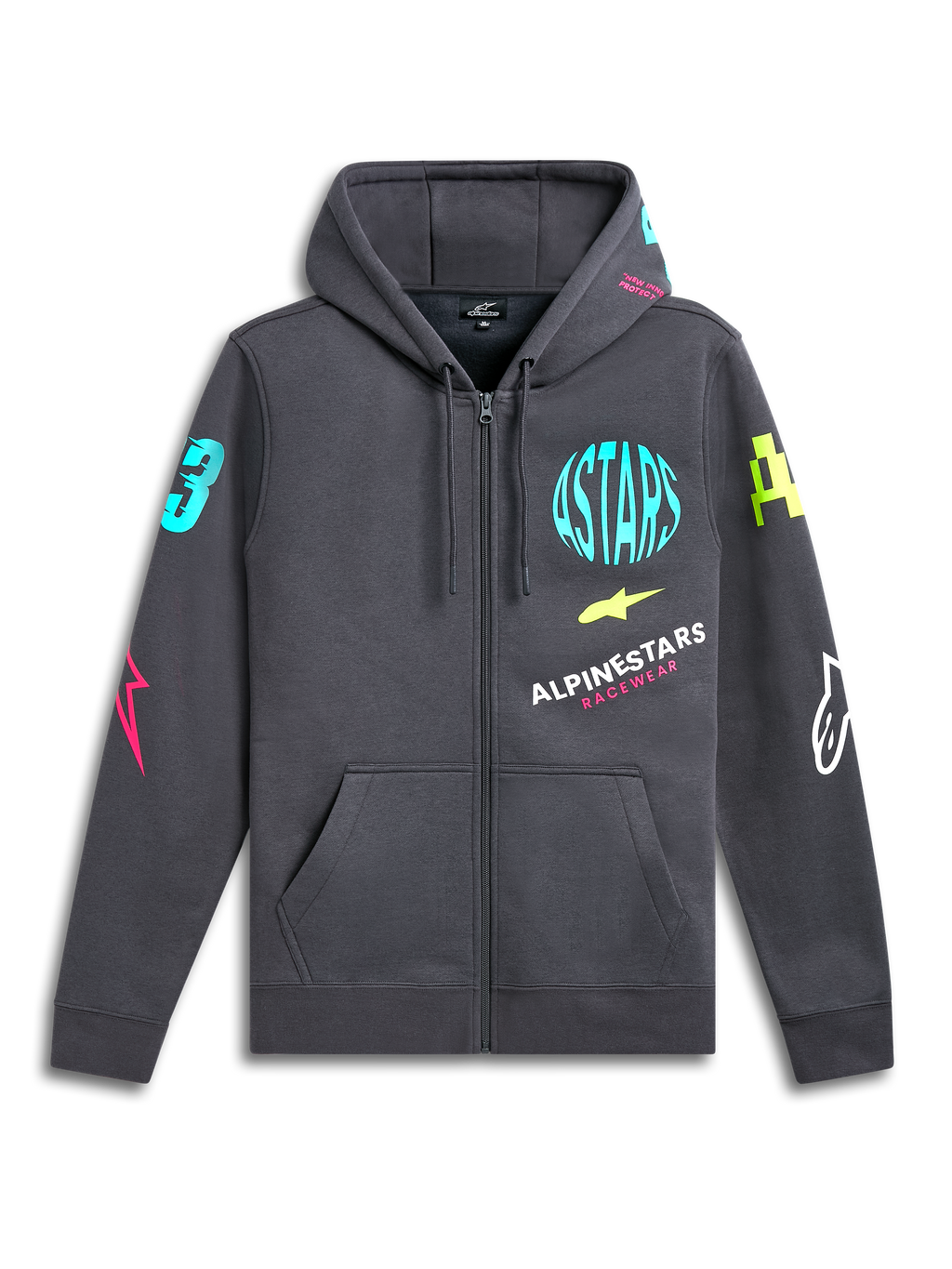 Alpinestars Variegate Hoodie, sudadera de forro polar con cremallera frontal, gris Gunmetal, logotipos de neón vibrantes en el pecho y las mangas, bolsillo canguro, capucha con cordón, ropa urbana casual inspirada en el automovilismo