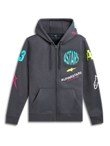 Alpinestars Variegate Hoodie, sudadera de forro polar con cremallera frontal, gris Gunmetal, logotipos de neón vibrantes en el pecho y las mangas, bolsillo canguro, capucha con cordón, ropa urbana casual inspirada en el automovilismo