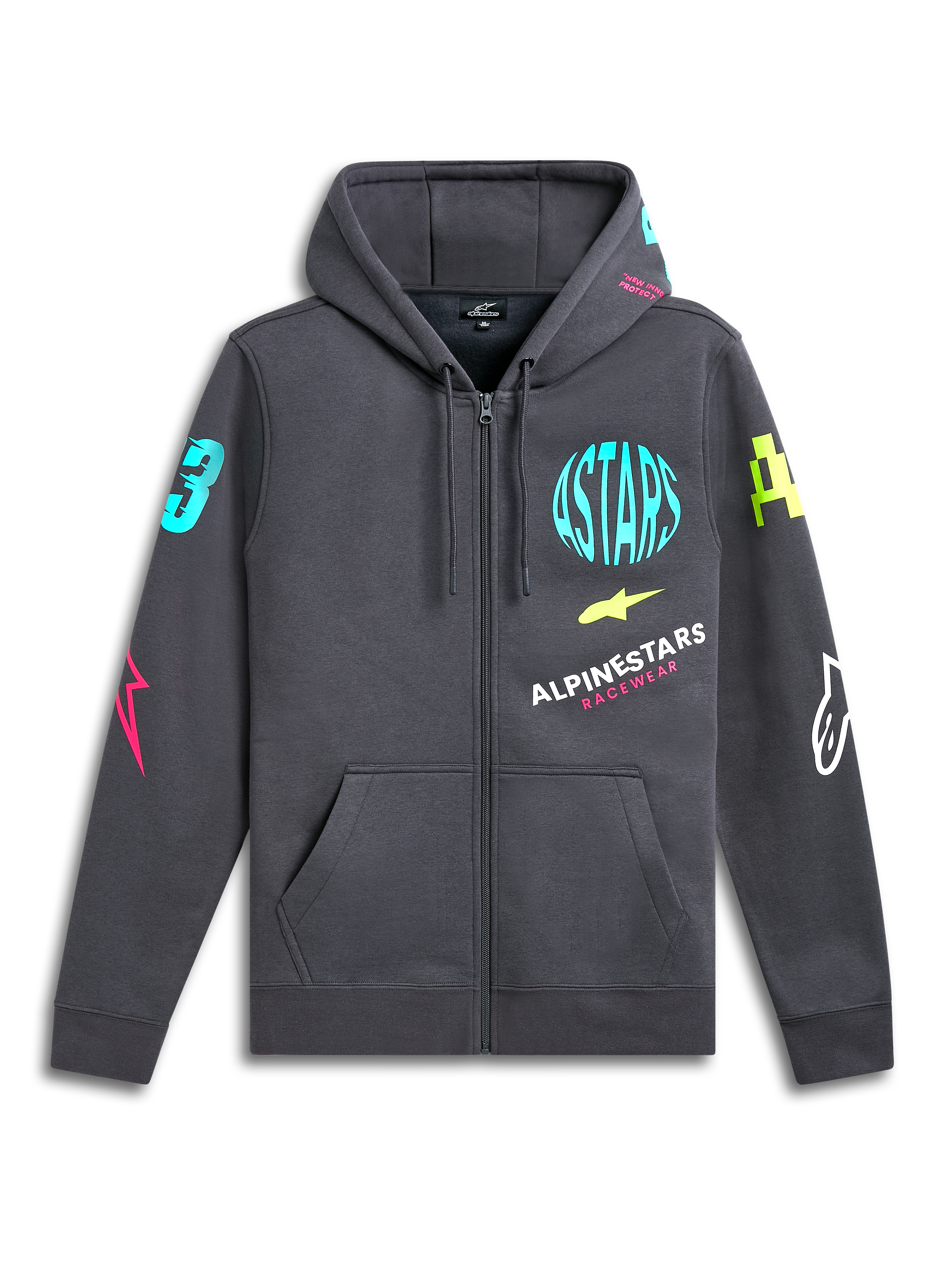 Alpinestars Variegate Hoodie, sudadera de forro polar con cremallera frontal, gris Gunmetal, logotipos de neón vibrantes en el pecho y las mangas, bolsillo canguro, capucha con cordón, ropa urbana casual inspirada en el automovilismo