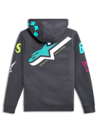 Sudadera con capucha Alpinestars Variegate, vista posterior, gris gunmetal con gran logotipo de estrella en verde azulado y blanco, logotipos gráficos multicolores vibrantes en las mangas y la capucha, streetwear casual inspirado en el automovilismo