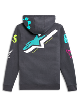 Sudadera con capucha Alpinestars Variegate, vista posterior, gris gunmetal con gran logotipo de estrella en verde azulado y blanco, logotipos gráficos multicolores vibrantes en las mangas y la capucha, streetwear casual inspirado en el automovilismo