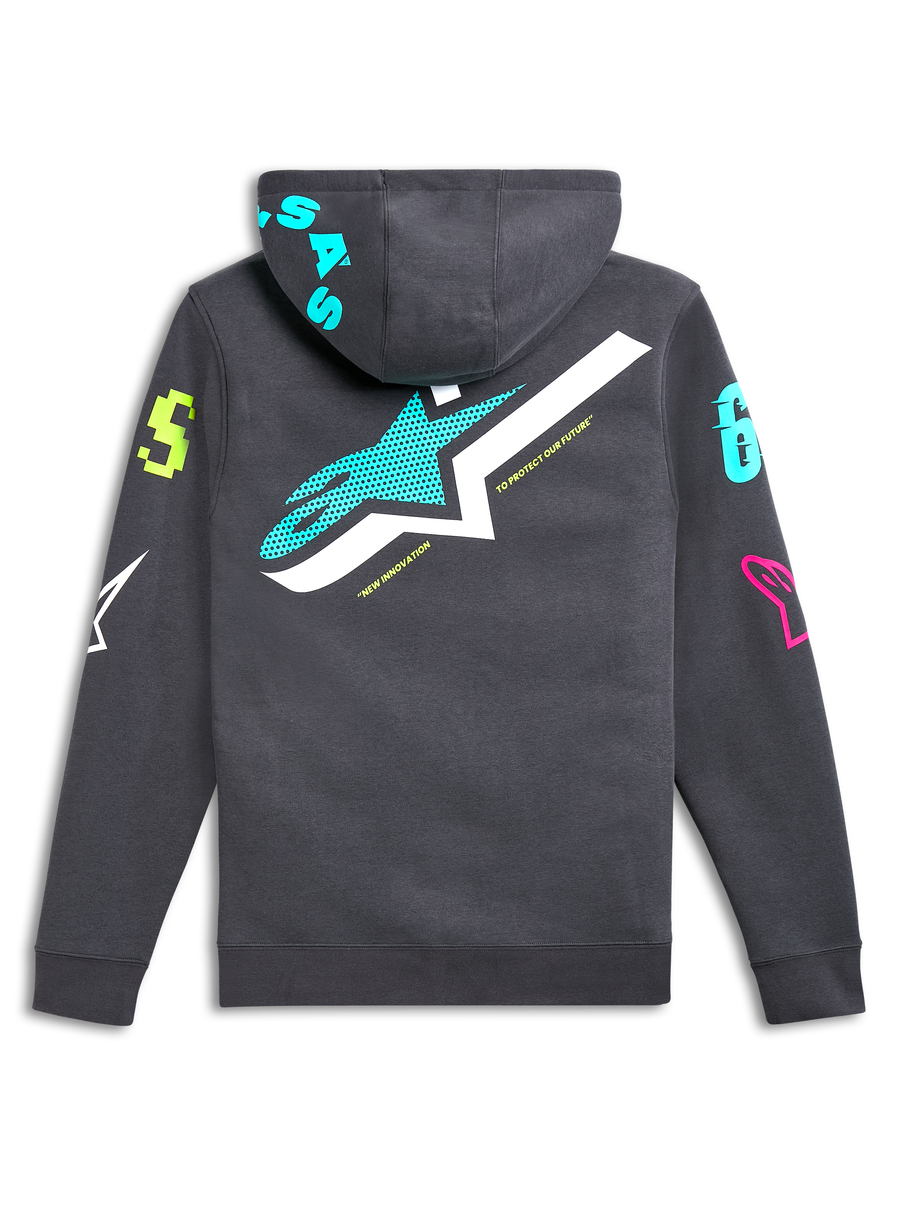 Sudadera con capucha Alpinestars Variegate, vista posterior, gris gunmetal con gran logotipo de estrella en verde azulado y blanco, logotipos gráficos multicolores vibrantes en las mangas y la capucha, streetwear casual inspirado en el automovilismo
