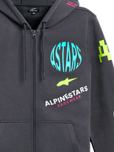 Alpinestars Variegate Hoodie, sudadera de forro polar con cremallera frontal, gris Gunmetal con gráficos de logotipos multicolores, con círculo ASTARS en azul claro, detalles en verde lima y letras en rosa, estilo streetwear casual de motor
