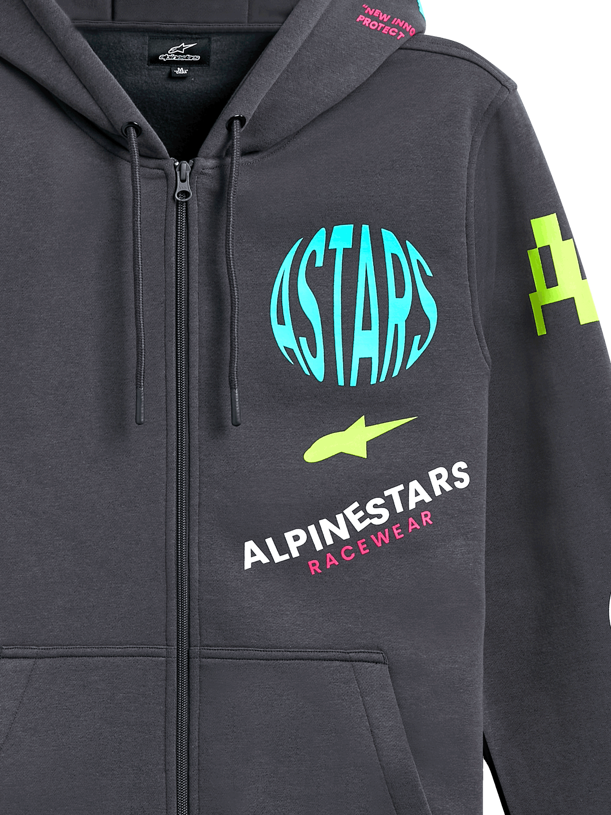 Alpinestars Variegate Hoodie, sudadera de forro polar con cremallera frontal, gris Gunmetal con gráficos de logotipos multicolores, con círculo ASTARS en azul claro, detalles en verde lima y letras en rosa, estilo streetwear casual de motor
