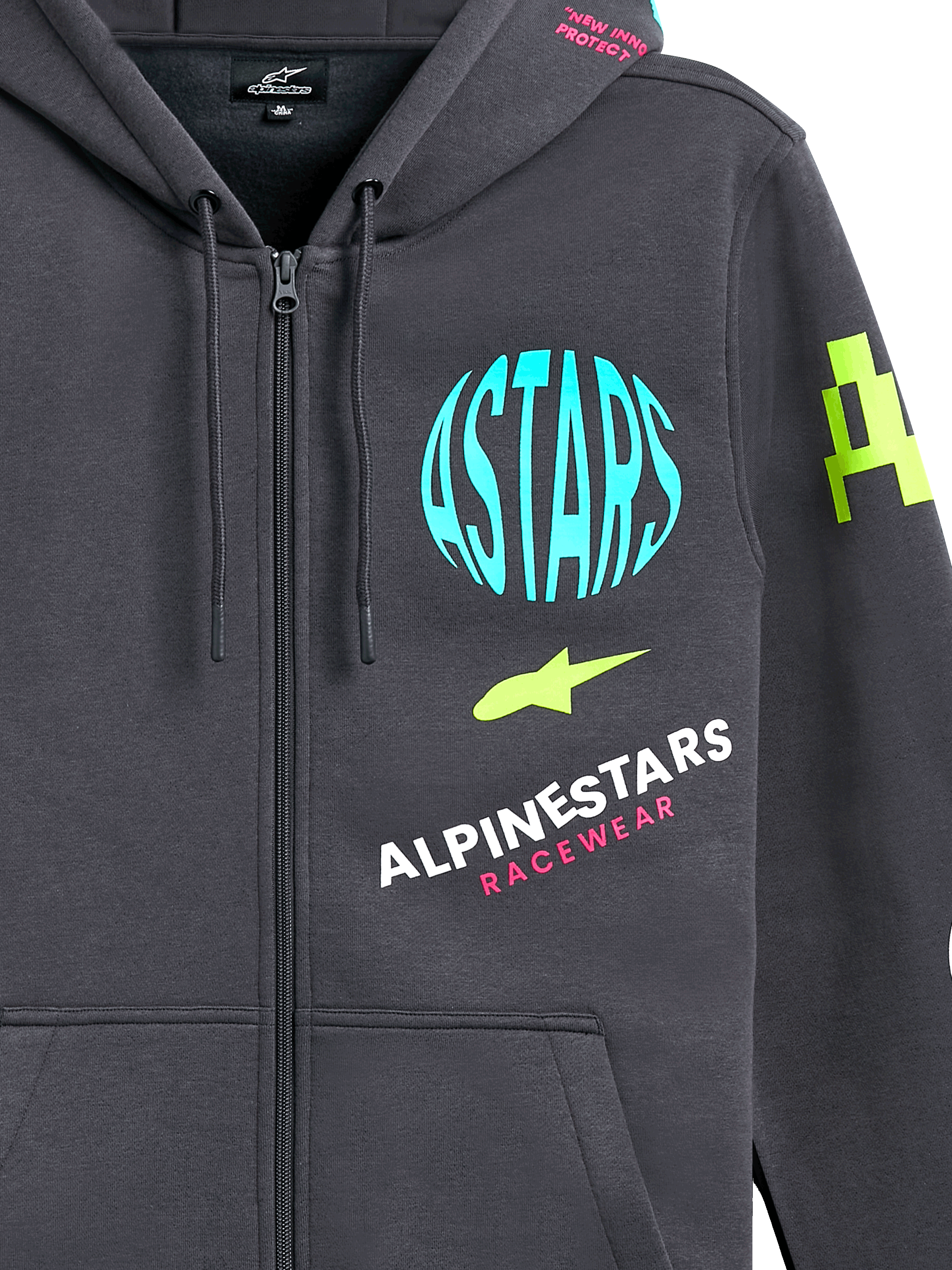 Alpinestars Variegate Hoodie, sudadera de forro polar con cremallera frontal, gris Gunmetal con gráficos de logotipos multicolores, con círculo ASTARS en azul claro, detalles en verde lima y letras en rosa, estilo streetwear casual de motor