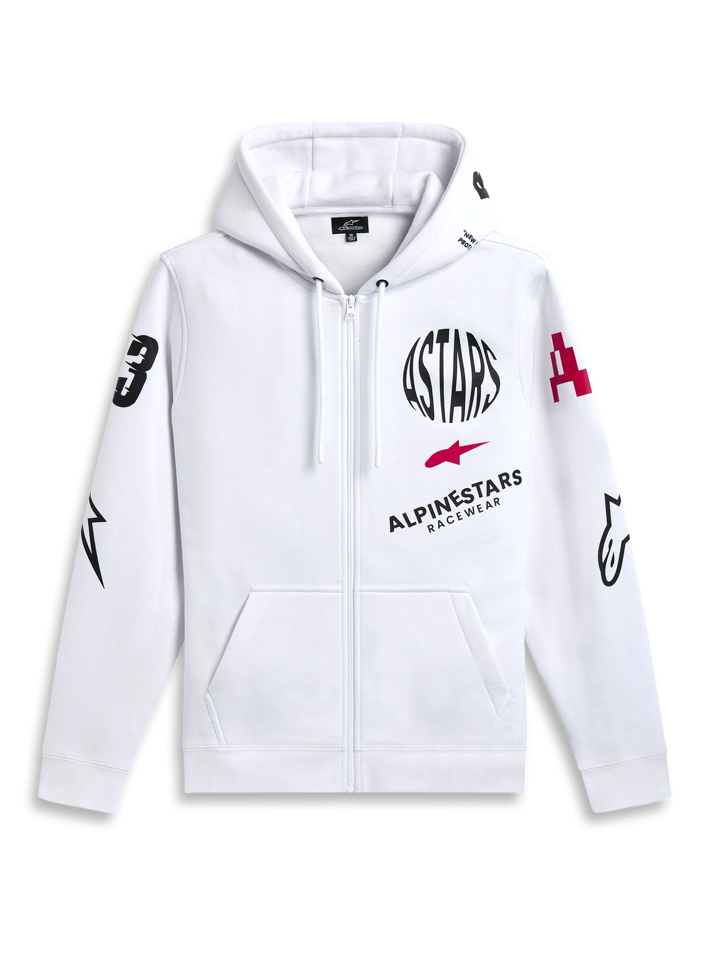 Alpinestars Variegate Hoodie, sudadera con capucha de forro polar con cremallera, blanca, arte de múltiples logotipos con texto circular ASTARS negro y logo de estrella roja en el pecho, gráficos en las mangas, bolsillos tipo canguro y capucha con cordón, moda urbana casual de motociclismo