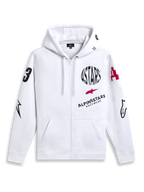 Alpinestars Variegate Hoodie, sudadera con capucha de forro polar con cremallera, blanca, arte de múltiples logotipos con texto circular ASTARS negro y logo de estrella roja en el pecho, gráficos en las mangas, bolsillos tipo canguro y capucha con cordón, moda urbana casual de motociclismo