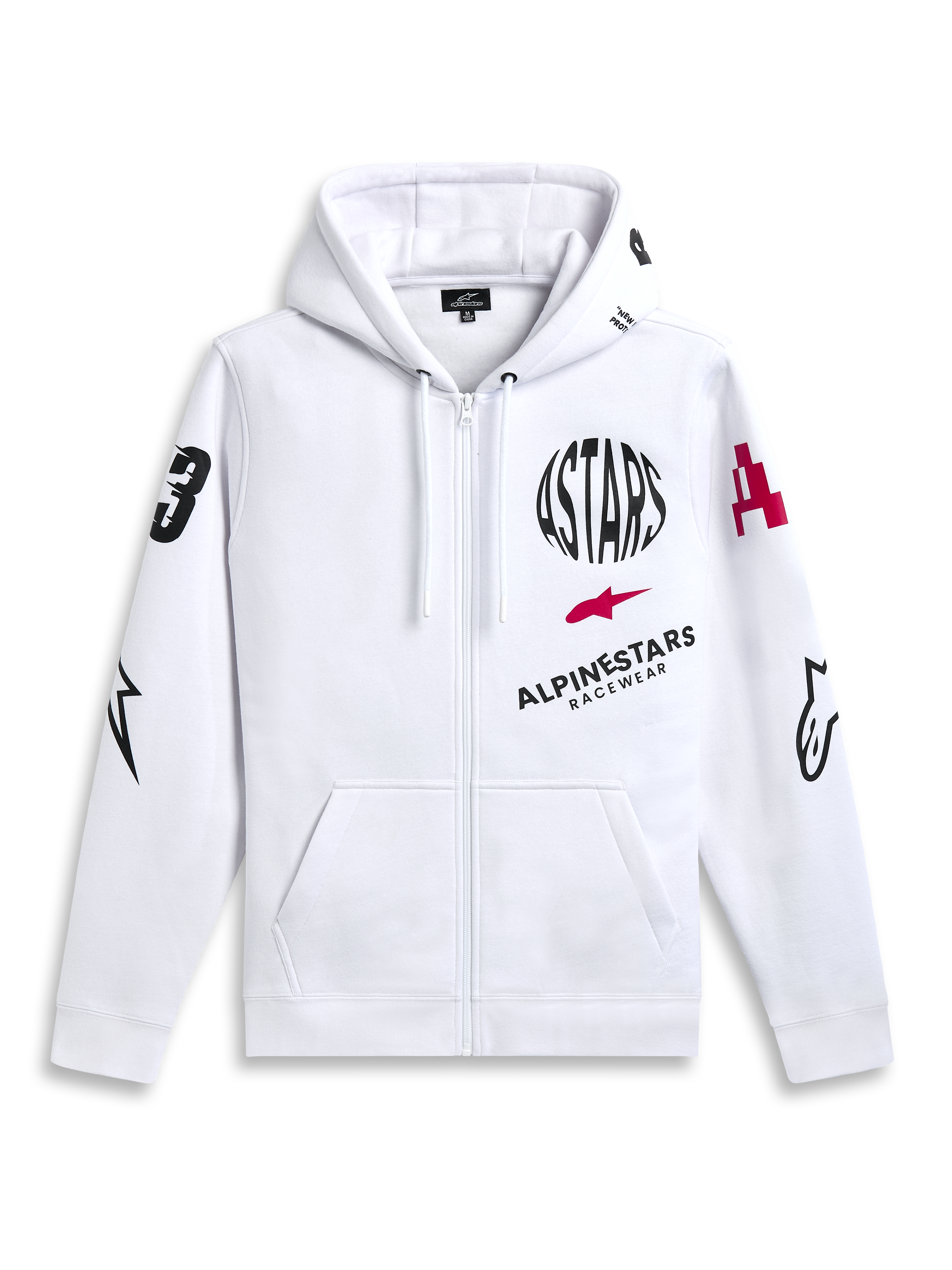 Alpinestars Variegate Hoodie, sudadera con capucha de forro polar con cremallera, blanca, arte de múltiples logotipos con texto circular ASTARS negro y logo de estrella roja en el pecho, gráficos en las mangas, bolsillos tipo canguro y capucha con cordón, moda urbana casual de motociclismo