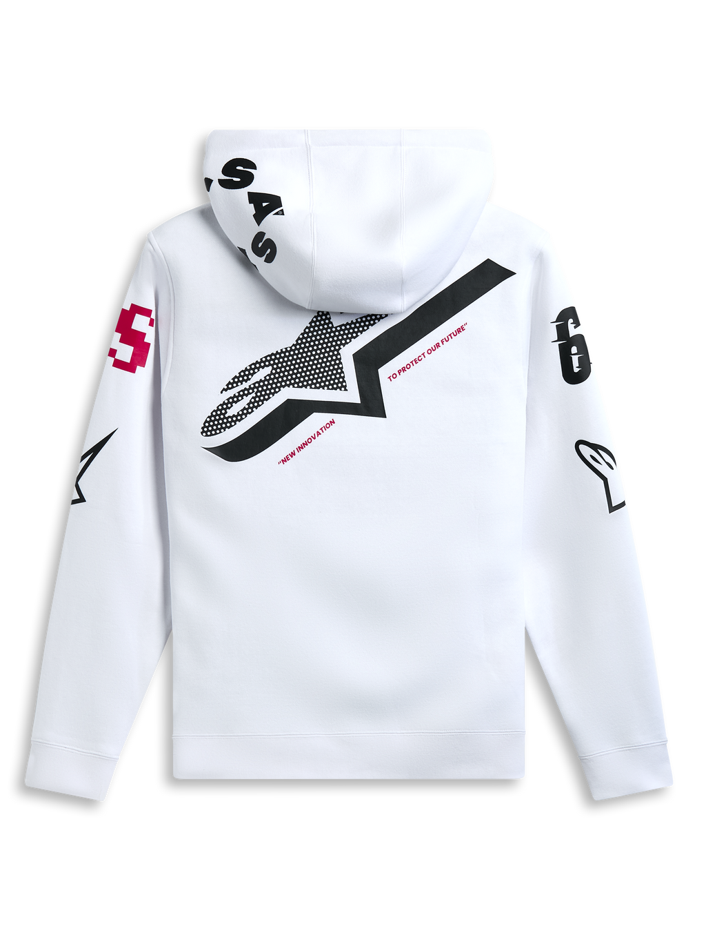Sudadera con capucha Alpinestars Variegate, blanca, vista posterior con un gran logotipo de estrella negro y el texto 'New Innovation' en rojo, diseño de múltiples logotipos en mangas y capucha, ropa urbana casual inspirada en el automovilismo
