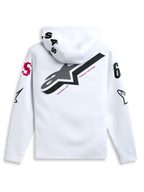 Sudadera con capucha Alpinestars Variegate, blanca, vista posterior con un gran logotipo de estrella negro y el texto 'New Innovation' en rojo, diseño de múltiples logotipos en mangas y capucha, ropa urbana casual inspirada en el automovilismo