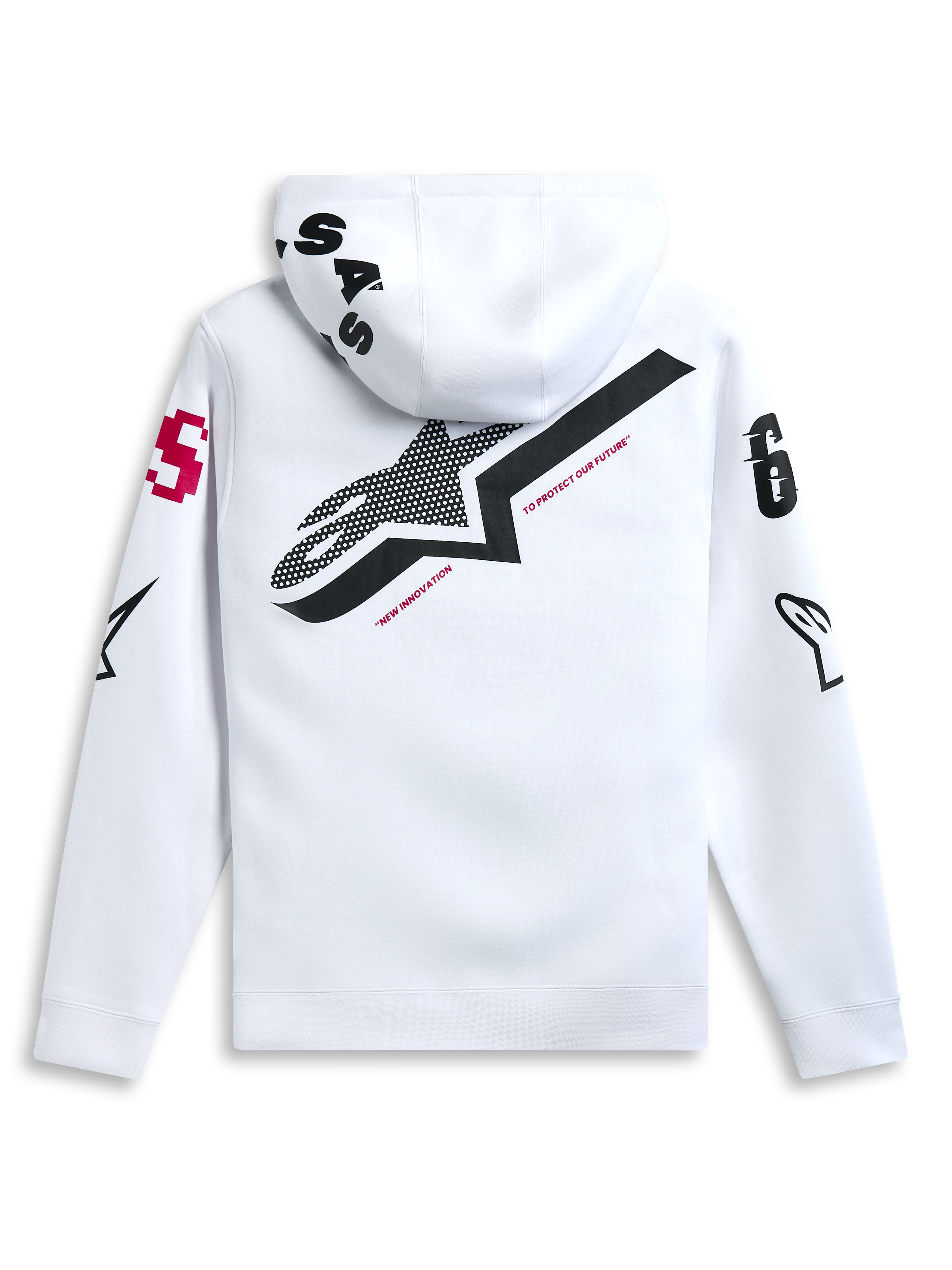 Sudadera con capucha Alpinestars Variegate, blanca, vista posterior con un gran logotipo de estrella negro y el texto 'New Innovation' en rojo, diseño de múltiples logotipos en mangas y capucha, ropa urbana casual inspirada en el automovilismo