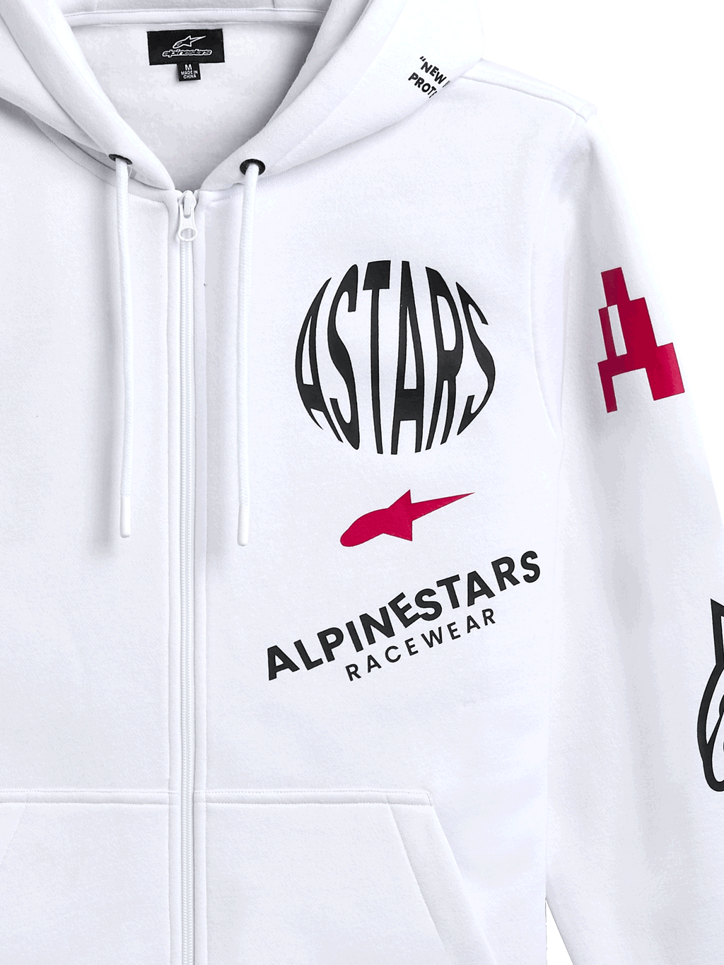 Sudadera con capucha Alpinestars Variegate, sudadera de forro polar blanca con cremallera frontal, con logotipo circular negro de ASTARS, símbolo de estrella roja y marca Alpinestars Racewear en el pecho, ropa urbana casual de automovilismo