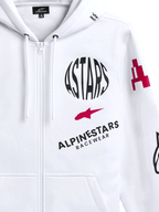 Sudadera con capucha Alpinestars Variegate, sudadera de forro polar blanca con cremallera frontal, con logotipo circular negro de ASTARS, símbolo de estrella roja y marca Alpinestars Racewear en el pecho, ropa urbana casual de automovilismo