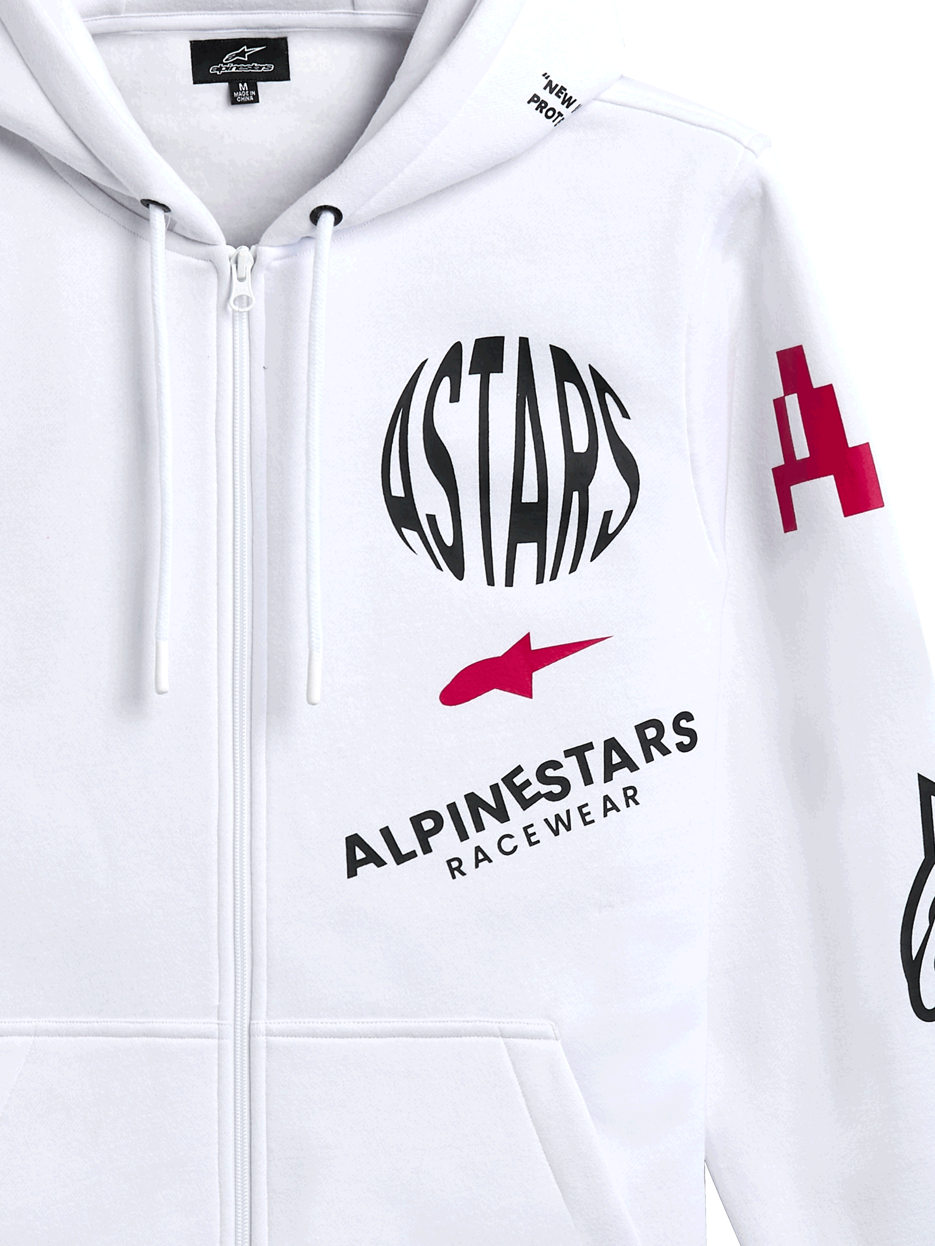 Sudadera con capucha Alpinestars Variegate, sudadera de forro polar blanca con cremallera frontal, con logotipo circular negro de ASTARS, símbolo de estrella roja y marca Alpinestars Racewear en el pecho, ropa urbana casual de automovilismo