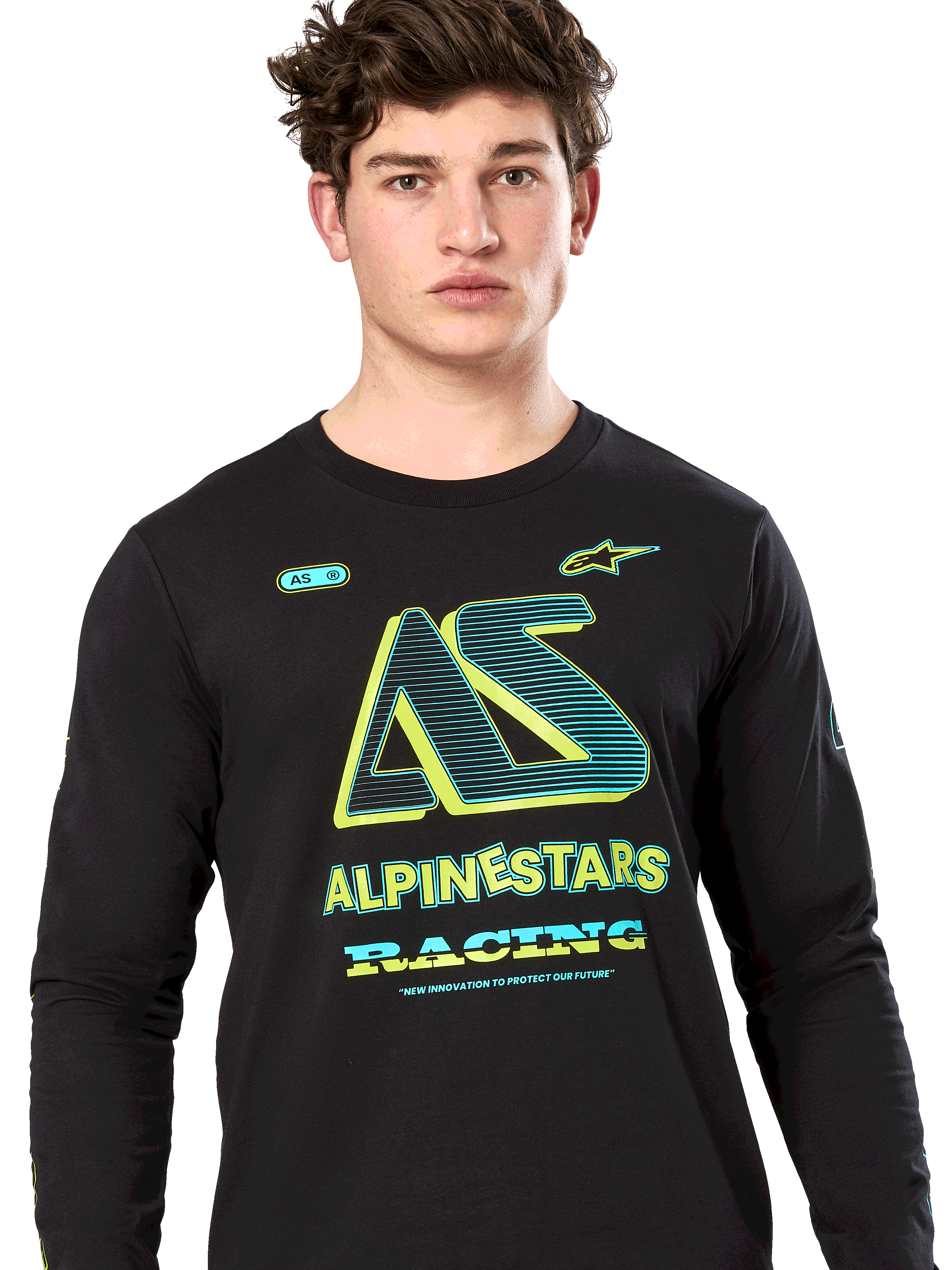 Alpinestars Ayess Csf Tee, Long Sleeve T-Shirt, Black, stylized AS graphic with neon yellow and teal accents, ALPINESTARS RACING branding, casual motorsport streetwear
