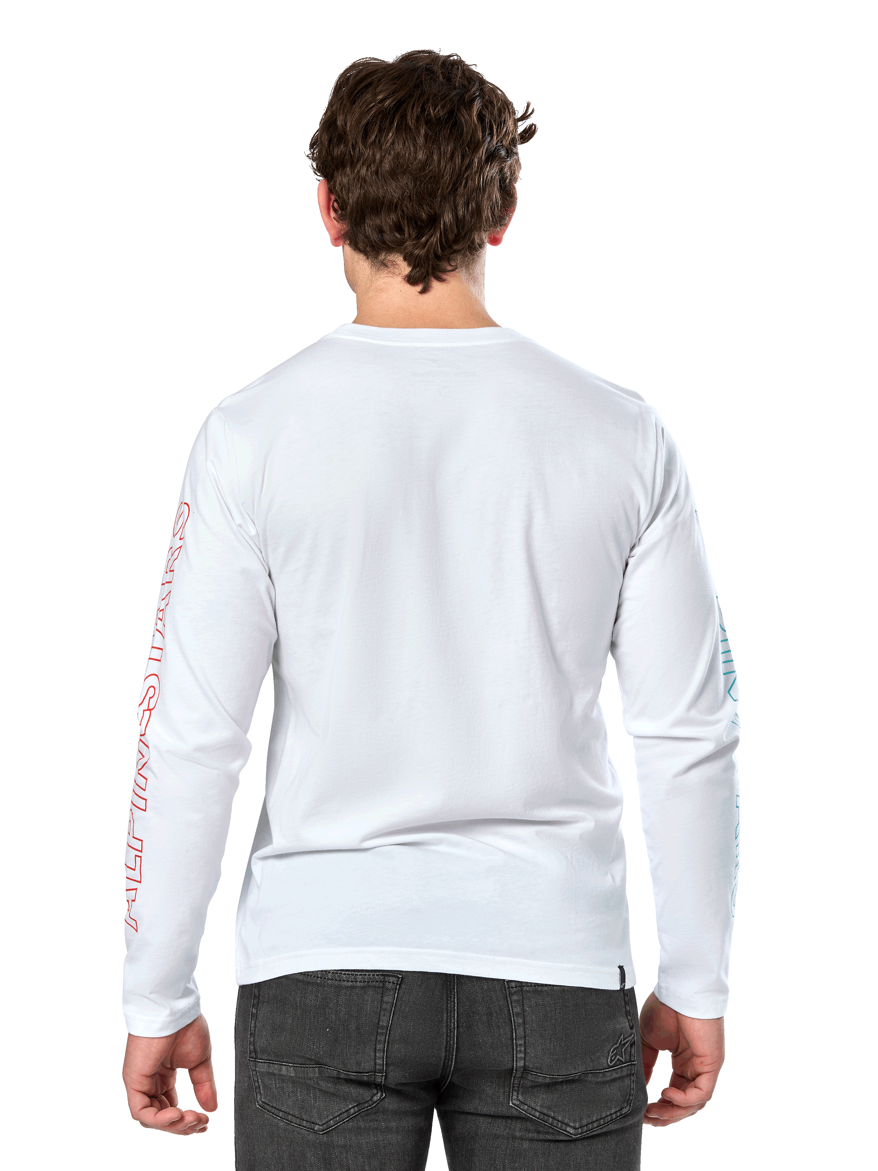Alpinestars Ayess Csf Tee, camiseta de manga larga, blanca, vista posterior, con letras rojas de Alpinestars en la manga derecha y gráficos azules en la manga izquierda, estilo streetwear casual inspirado en el automovilismo