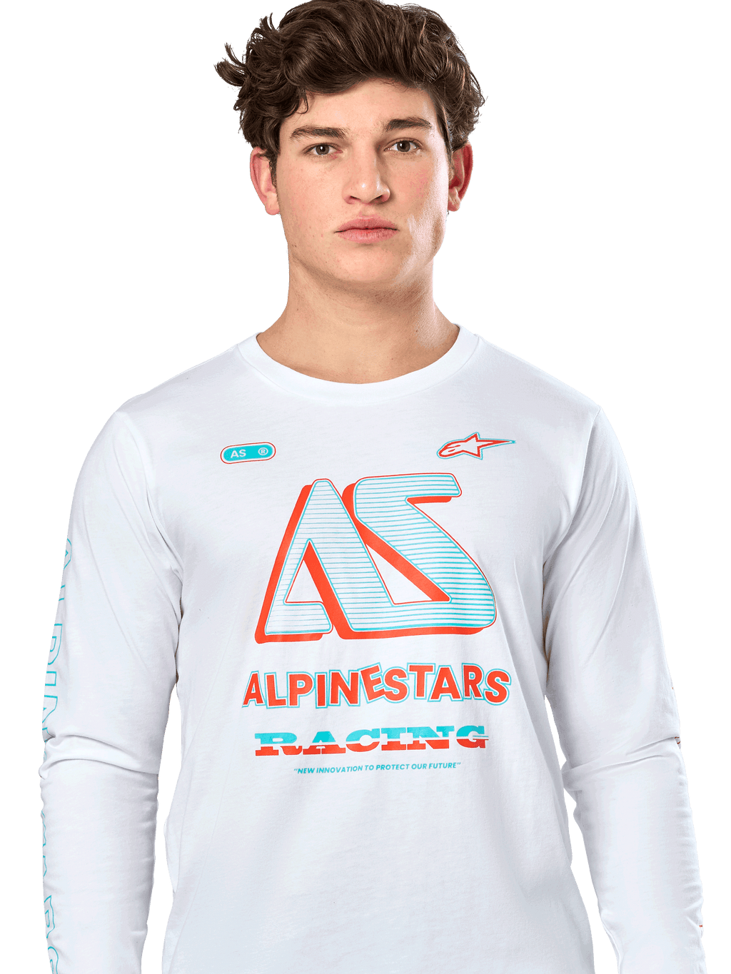 Alpinestars Ayess CSF Tee, camiseta de manga larga, blanca, con un gráfico grande 'AS' en verde azulado y naranja con el texto 'ALPINESTARS RACING', ropa urbana casual de automovilismo