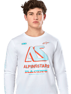 Alpinestars Ayess CSF Tee, camiseta de manga larga, blanca, con un gráfico grande 'AS' en verde azulado y naranja con el texto 'ALPINESTARS RACING', ropa urbana casual de automovilismo