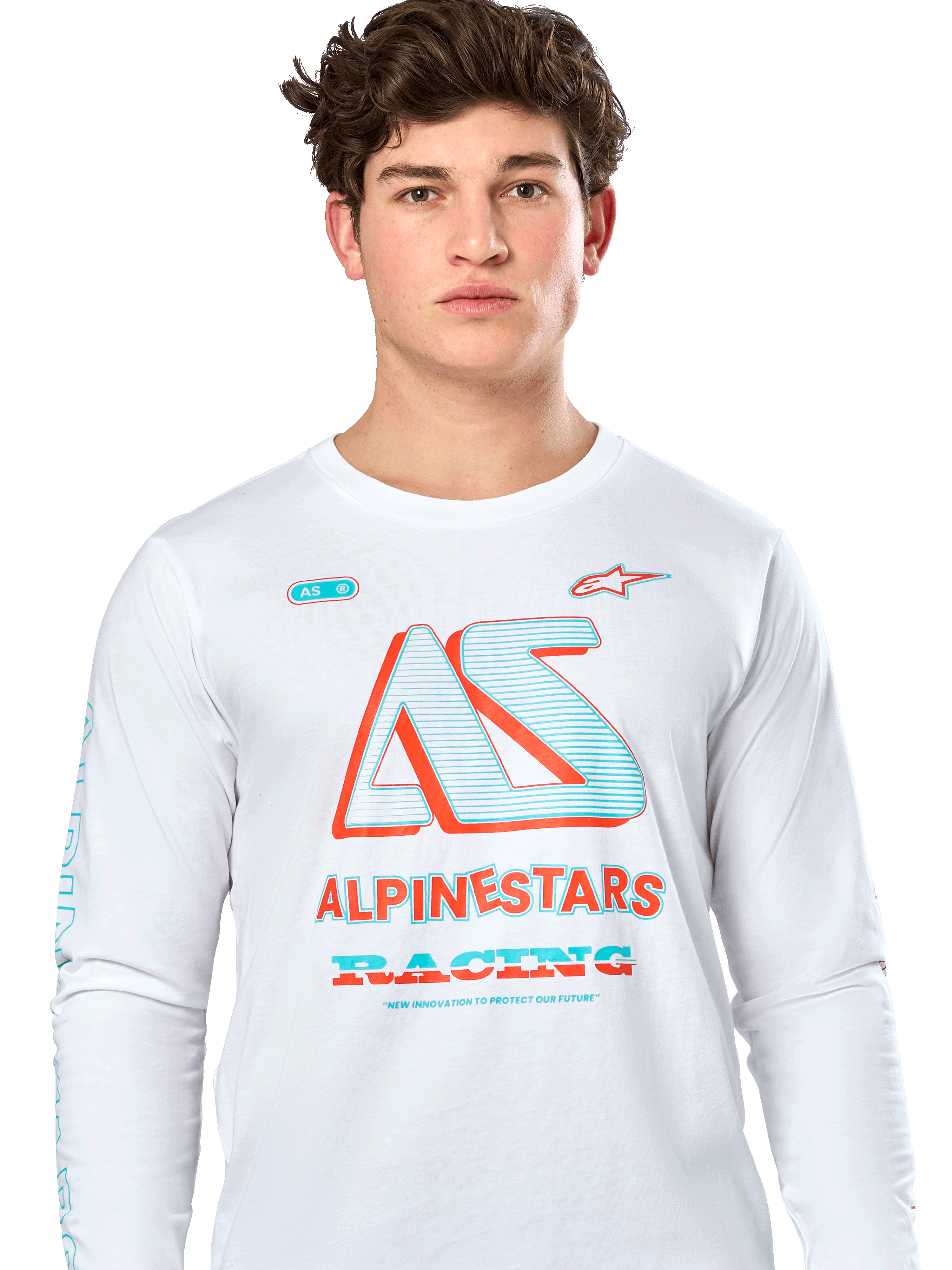 Alpinestars Ayess CSF Tee, camiseta de manga larga, blanca, con un gráfico grande 'AS' en verde azulado y naranja con el texto 'ALPINESTARS RACING', ropa urbana casual de automovilismo