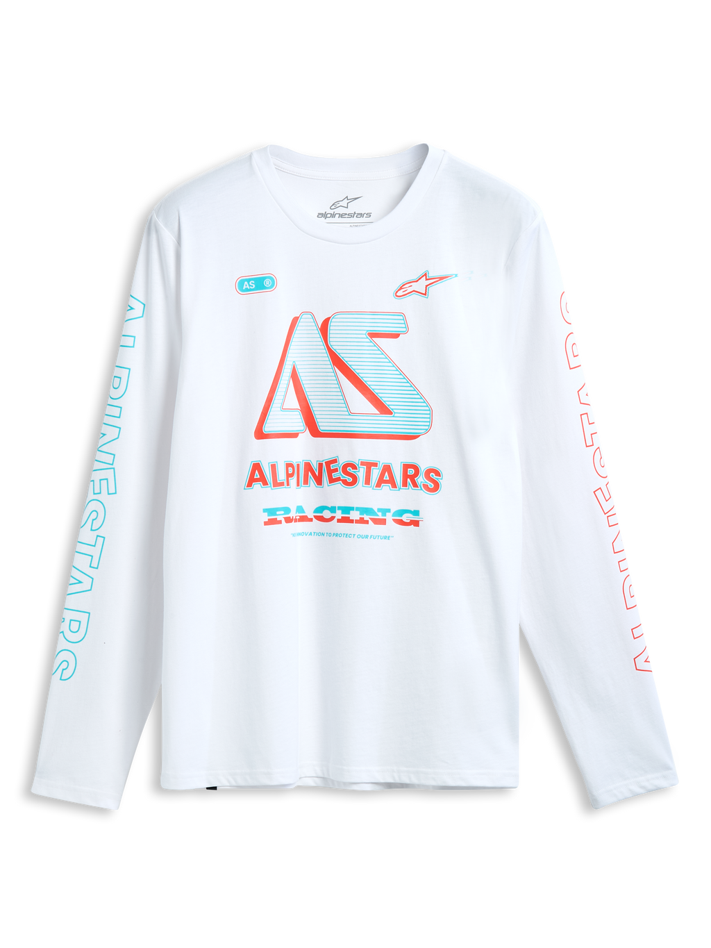 Alpinestars Ayess Csf T-Shirt, white long-sleeve sportswear t-shirt with multi-color printed racing graphics on the chest and sleeves