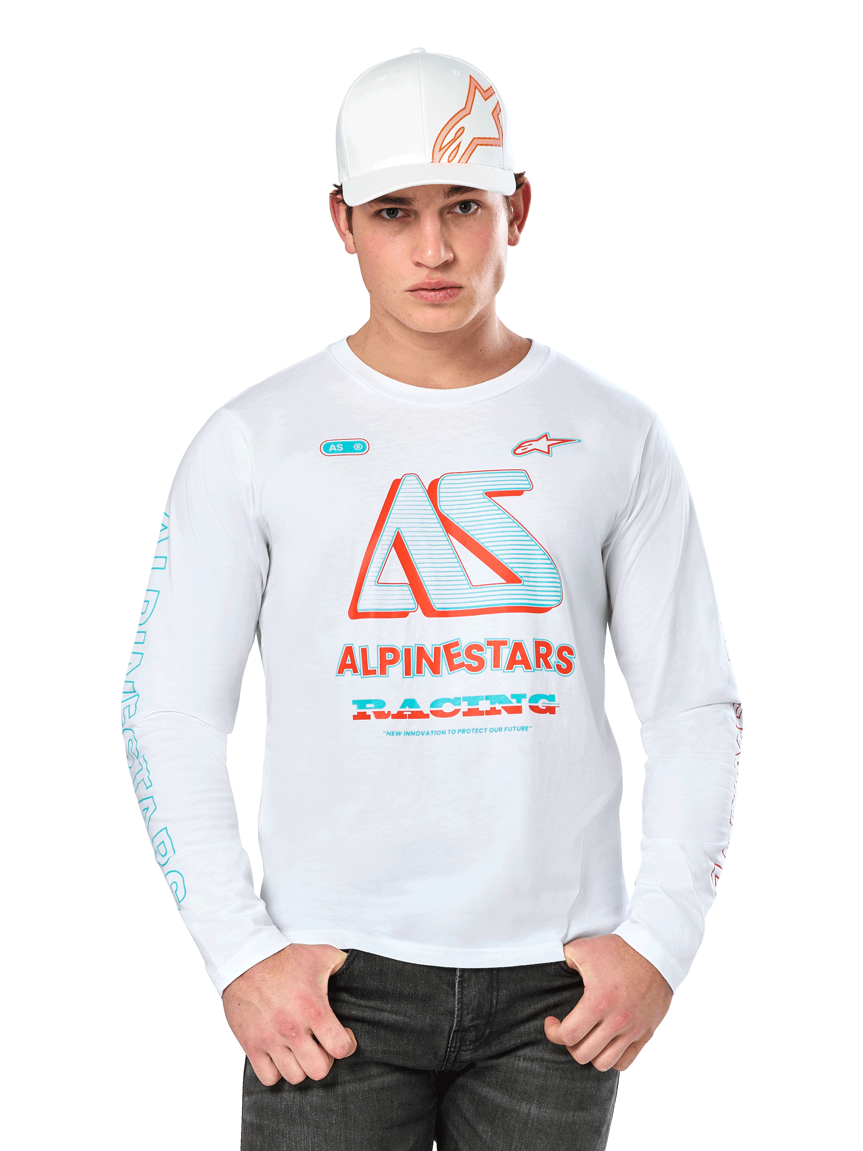 Alpinestars Ayess Csf Long Sleeve Tee, White Motorsports T-Shirt, featuring colorful AS logo in Blue and Red, ALPINESTARS RACING graphics, worn with white cap and black jeans, white background