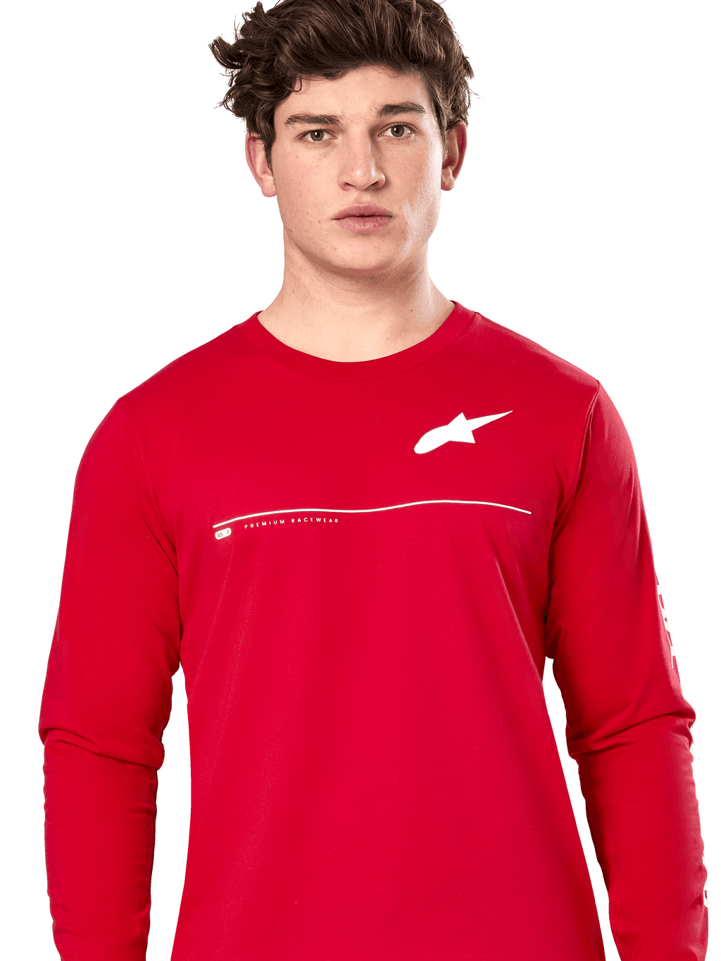 Alpinestars Committed CSF Tee, camiseta de manga larga, roja, logotipo de Astars blanco en el pecho con línea horizontal y texto 'Premium Racewear', usada por un modelo masculino, estilo streetwear casual inspirado en el motor