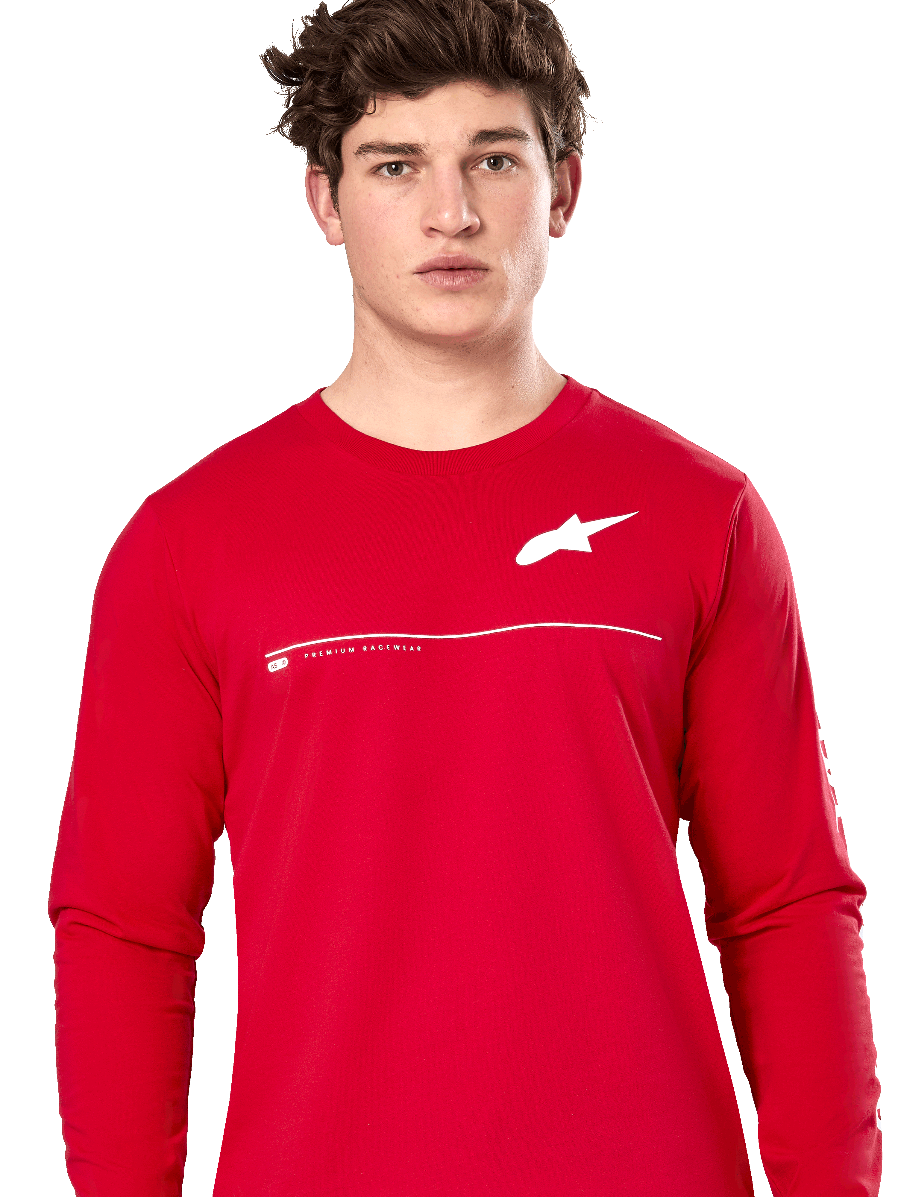 Alpinestars Committed CSF Tee, camiseta de manga larga, roja, logotipo de Astars blanco en el pecho con línea horizontal y texto 'Premium Racewear', usada por un modelo masculino, estilo streetwear casual inspirado en el motor
