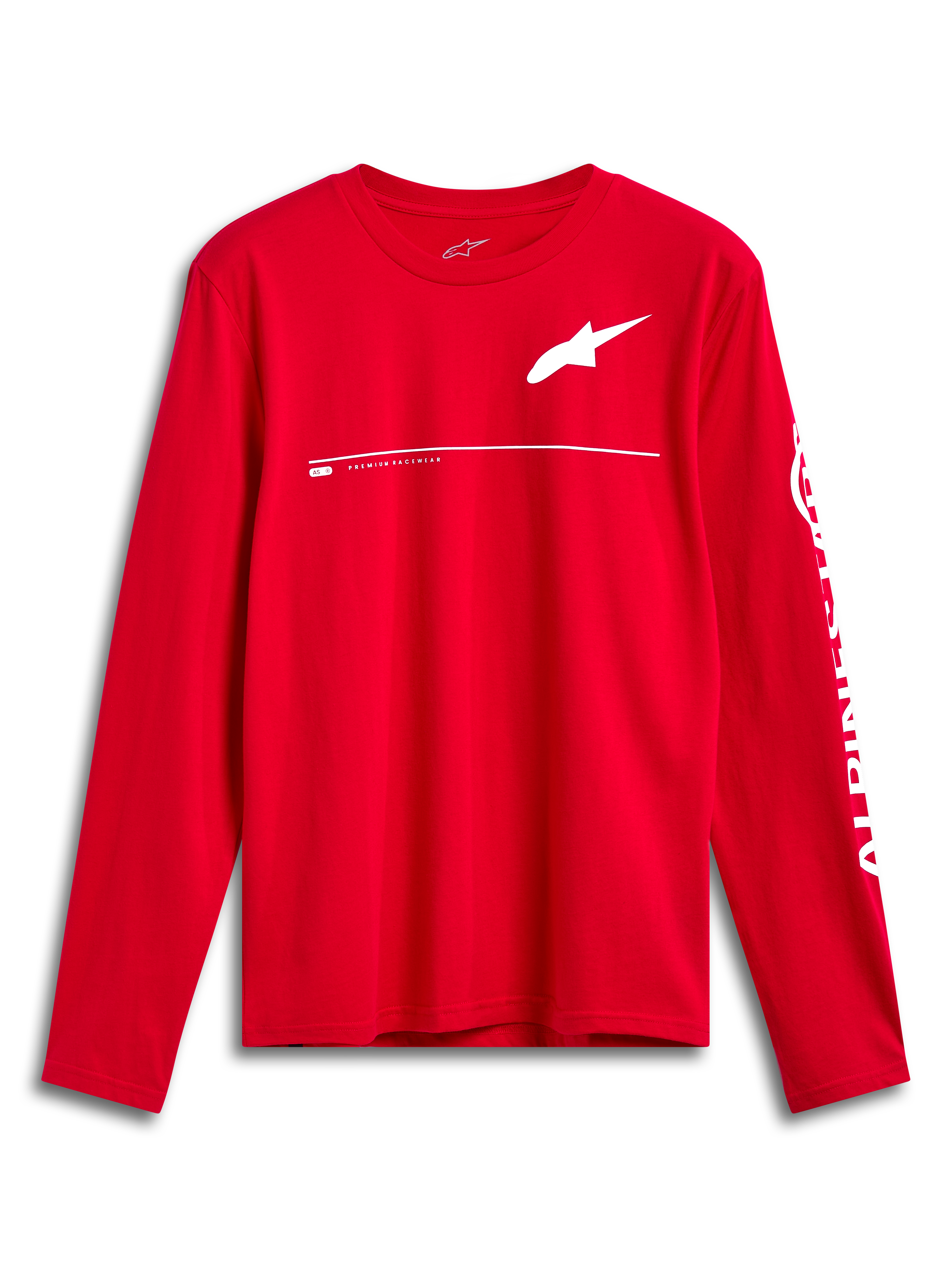 Camiseta Alpinestars Committed CSF, camiseta de manga larga, roja, logotipo de Astars blanco en el pecho y marca Alpinestars en la manga, diseño casual inspirado en el automovilismo