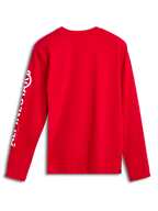 Alpinestars Committed CSF Tee, camiseta de manga larga, roja, vista posterior, logotipo vertical de Alpinestars en blanco en la manga, ropa casual inspirada en el automovilismo