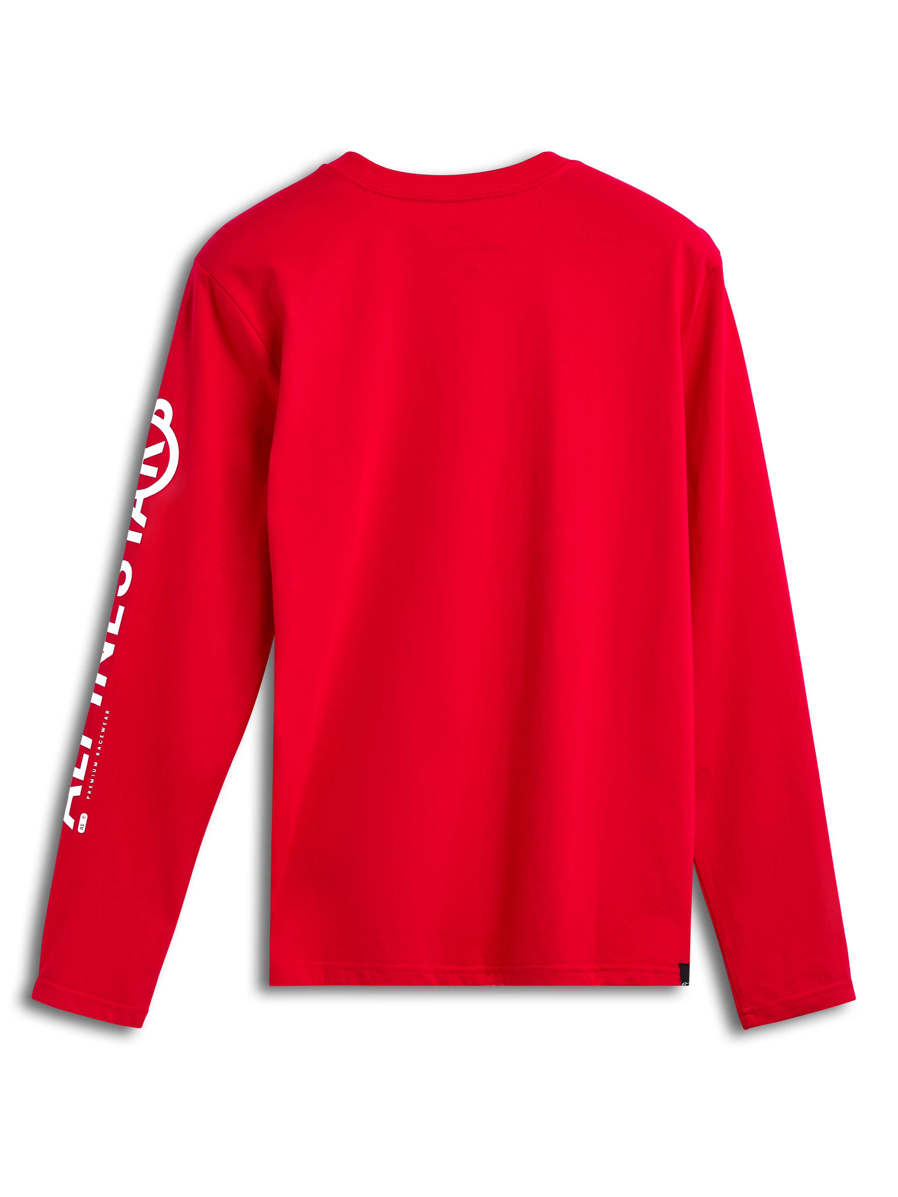Alpinestars Committed CSF Tee, camiseta de manga larga, roja, vista posterior, logotipo vertical de Alpinestars en blanco en la manga, ropa casual inspirada en el automovilismo