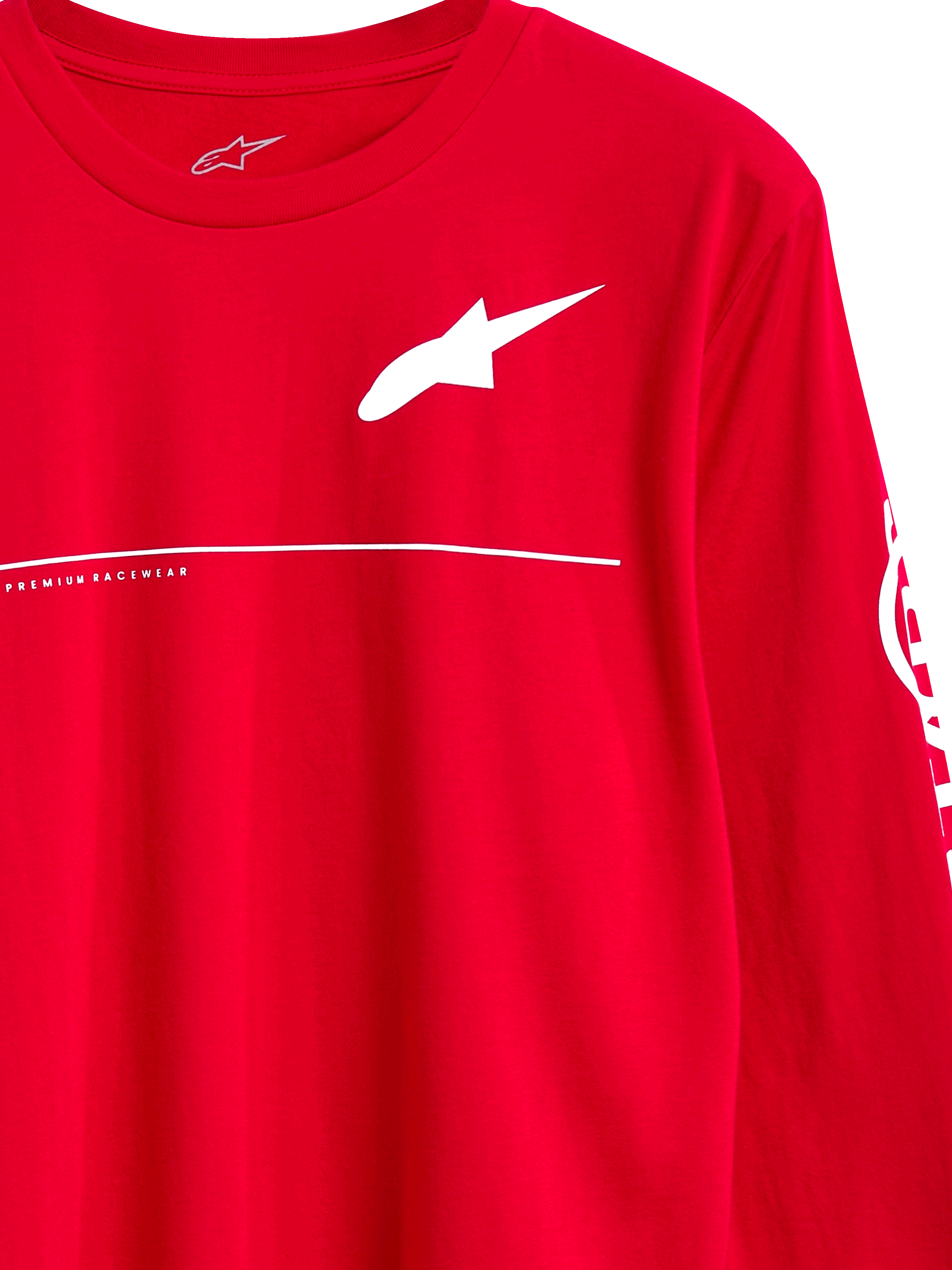 Alpinestars Committed CSF Tee, camiseta de manga larga, roja, logotipo de Astars blanco con texto Premium Racewear y línea horizontal, ropa urbana casual de automovilismo